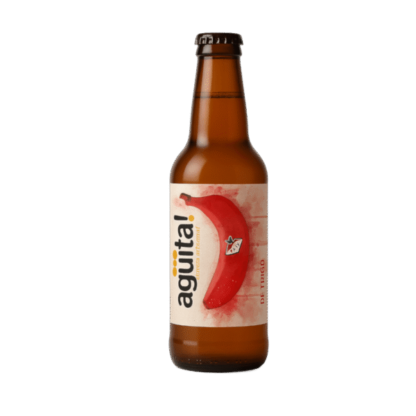 Cerveza artesanal con plátano de Canarias estilo Witbier Agüita Trigo Rojo, cerveza con plátano rojo canario Botella Agüita Witbier de Tenerife con espuma cremosa