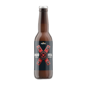 cerveza artesanal de Tenerife Agüita X etiqueta botella Agüita X con diseño bondage cerveza lager ligera y refrescante hecha en Tenerife