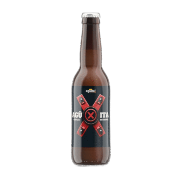 cerveza artesanal de Tenerife Agüita X etiqueta botella Agüita X con diseño bondage cerveza lager ligera y refrescante hecha en Tenerife